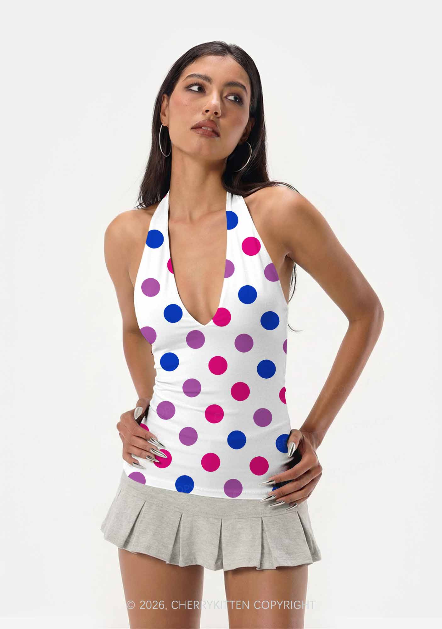 Bisexual Dots On White Pride Y2K Print Halter Deep V Neck Cami Cherrykitten