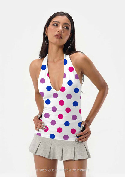 Bisexual Dots On White Pride Y2K Print Halter Deep V Neck Cami Cherrykitten