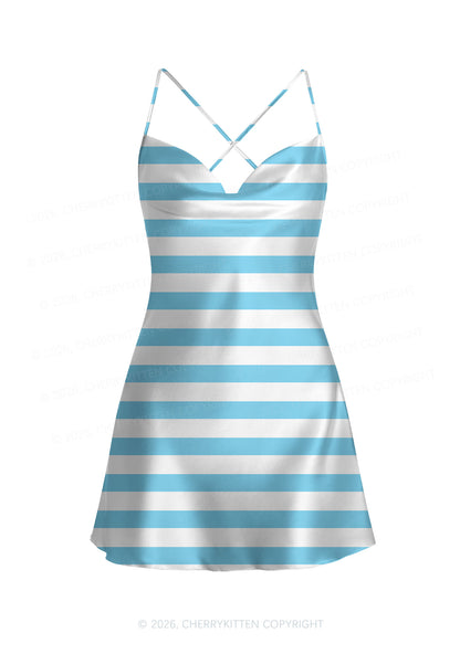 Blue And White Stripes Y2K Print Satin Cowl Neck Slip Dress Cherrykitten