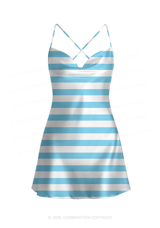 Blue And White Stripes Y2K Print Satin Cowl Neck Slip Dress Cherrykitten