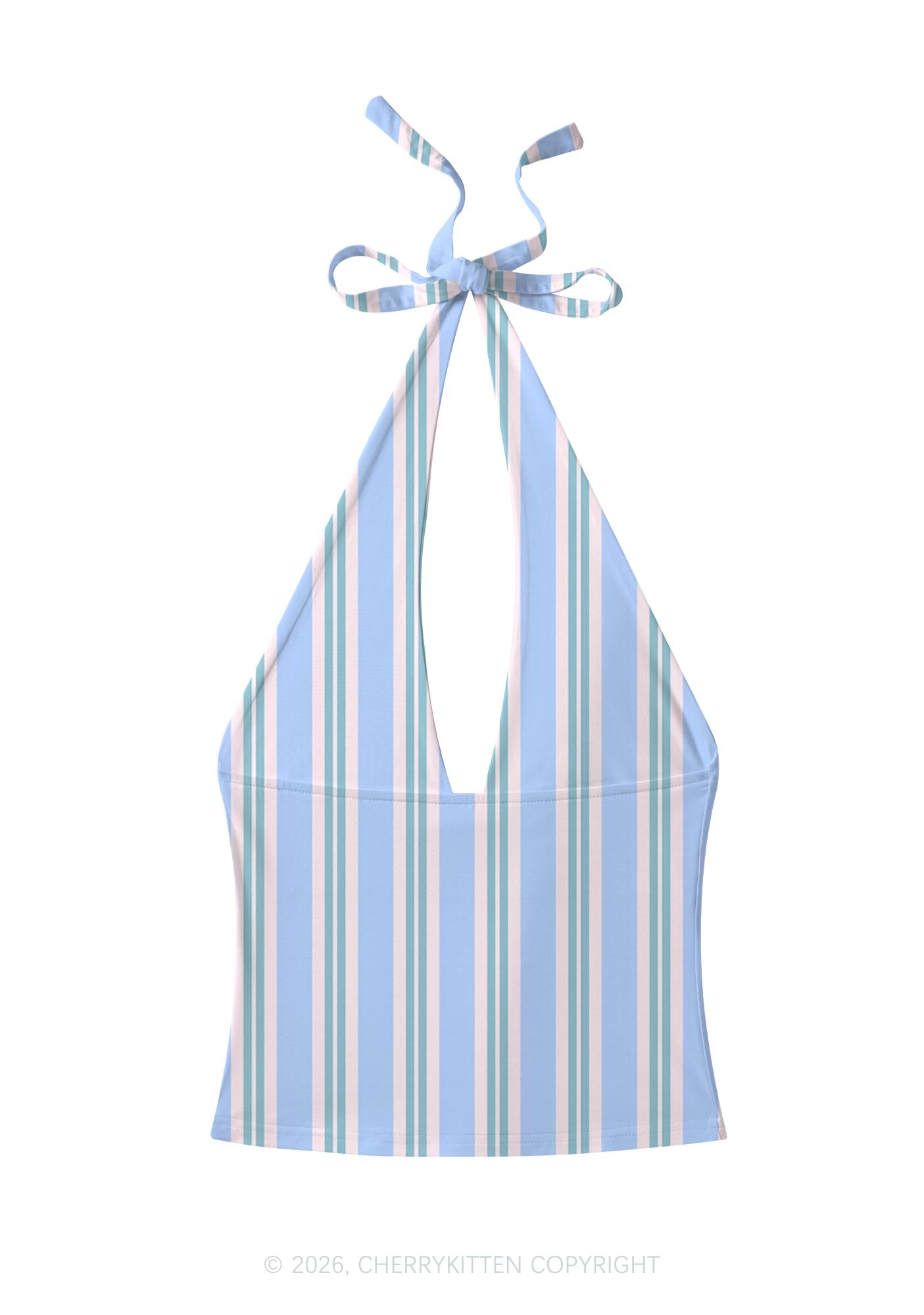 Blue Pink Vertical Stripe Y2K Print Halter Deep V Neck Cami Cherrykitten