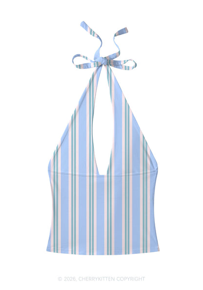 Blue Pink Vertical Stripe Y2K Print Halter Deep V Neck Cami Cherrykitten