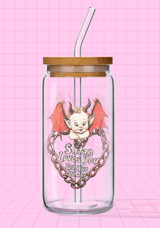 Satan Loves You Y2K Printed Glass Cup Cherrykitten