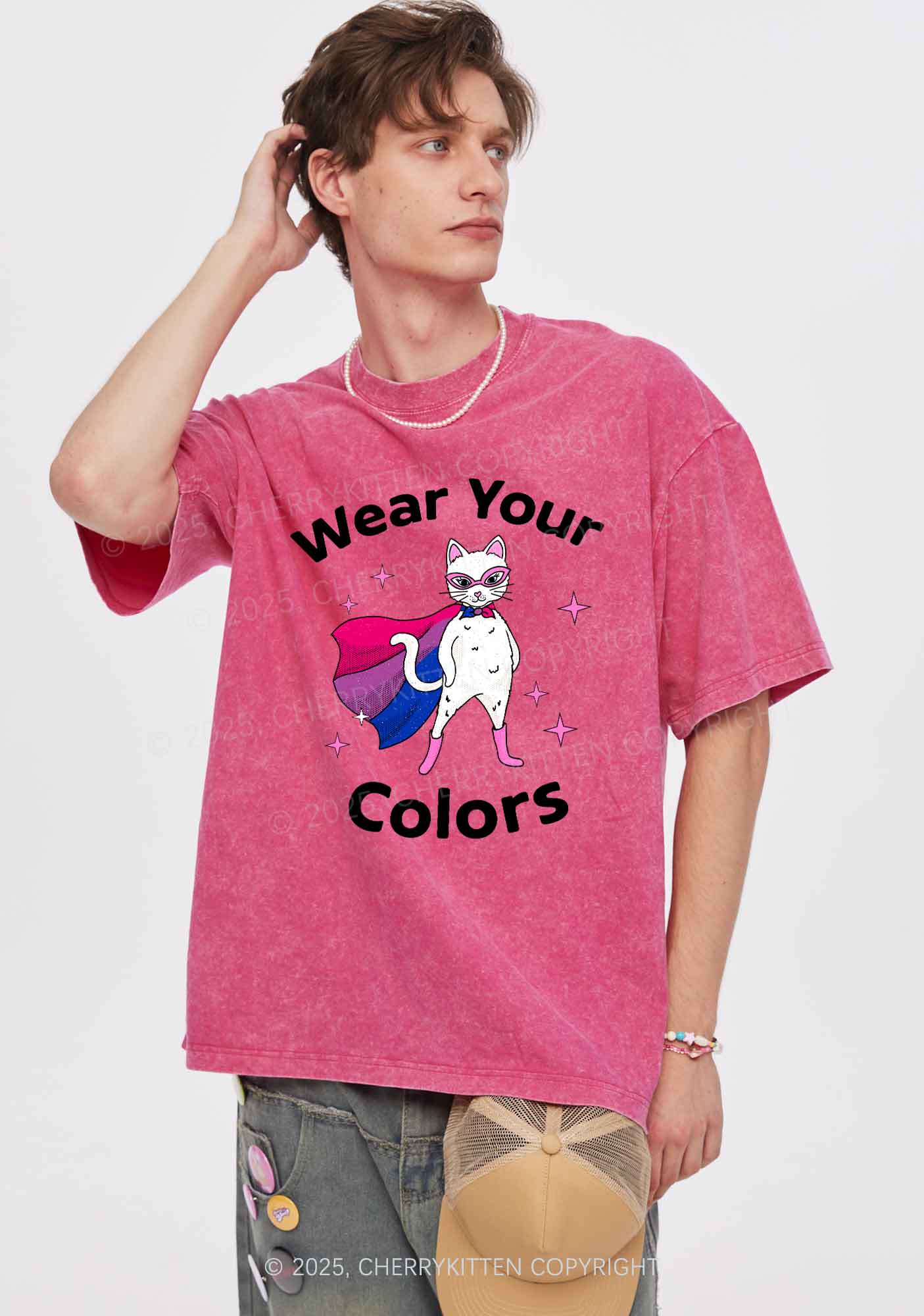 Bisexual Flag Cat Pride Y2K Shirts Washed Tee Cherrykitten