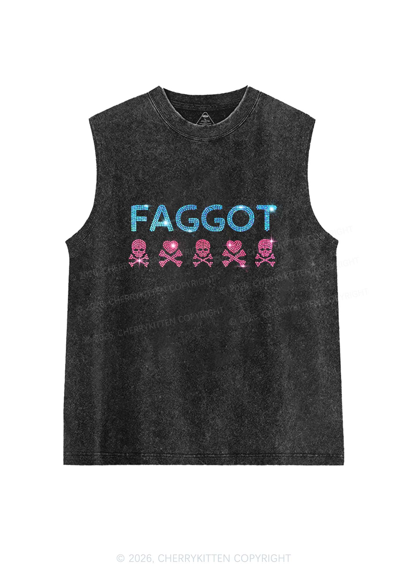 Rhinestone Faggot Skull Pride Y2K Washed Muscle Tank Cherrykitten