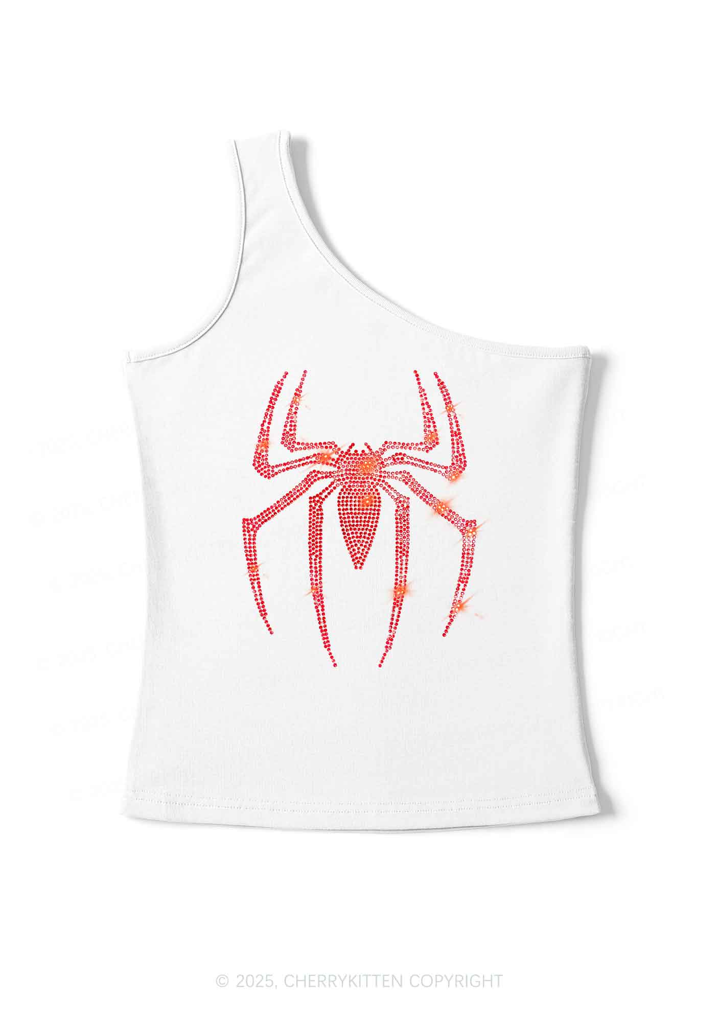 Rhinestone Red Spider Y2K One Shoulder Tank Top Cherrykitten