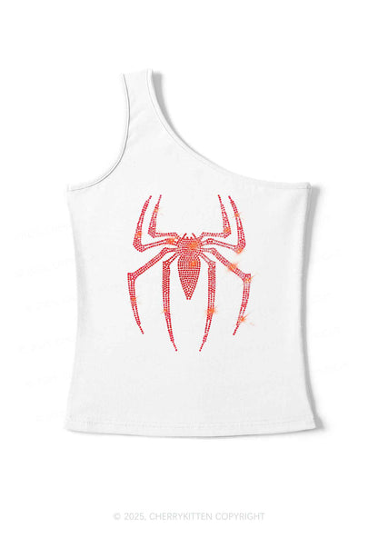 Rhinestone Red Spider Y2K One Shoulder Tank Top Cherrykitten