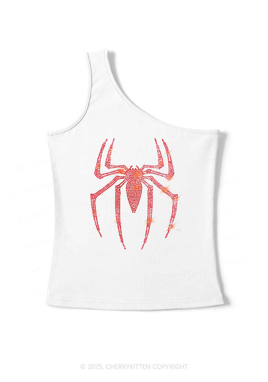 Rhinestone Red Spider Y2K One Shoulder Tank Top Cherrykitten