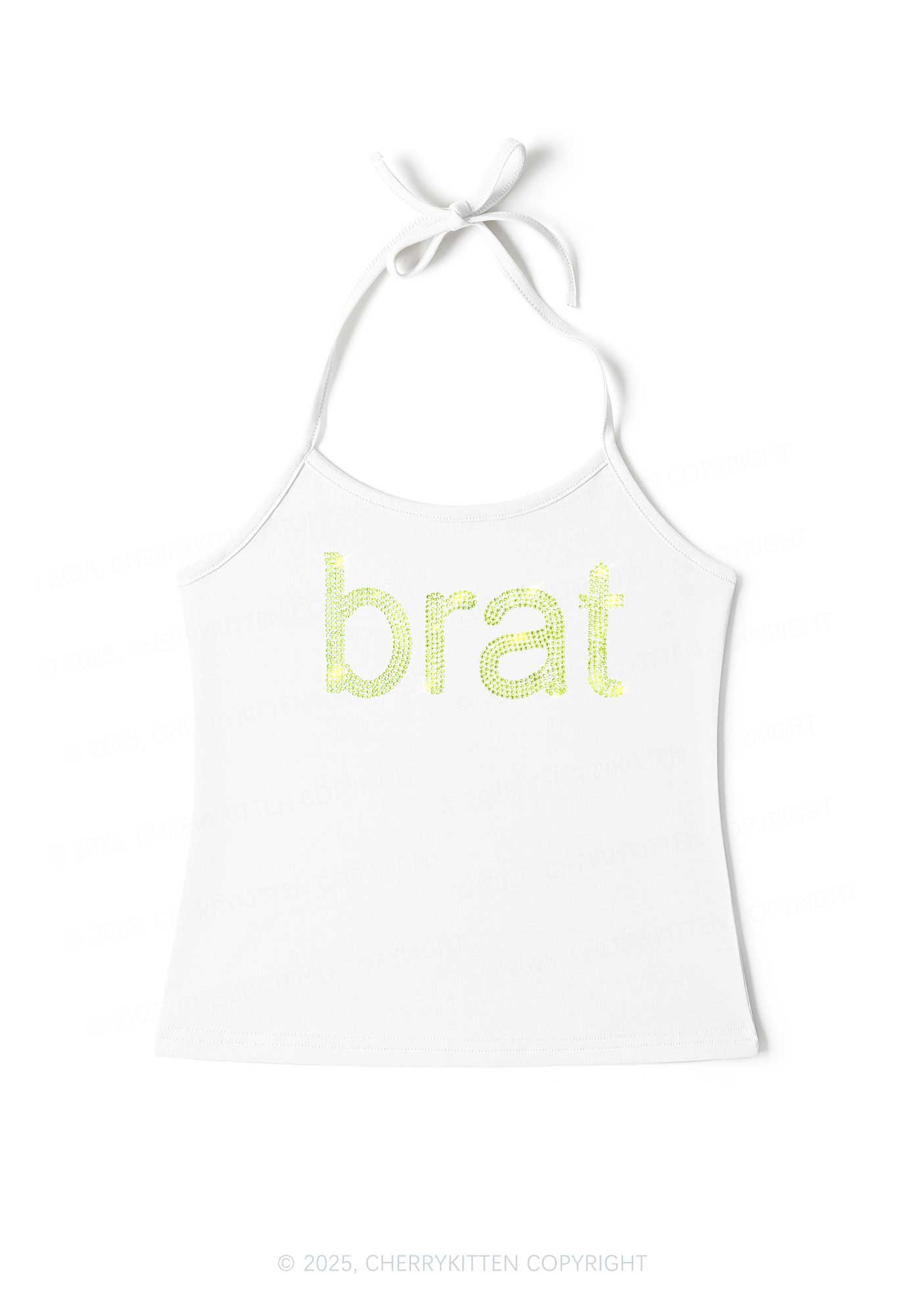 Rhinestone Green Brat Y2K Halter Neck Cami Cherrykitten