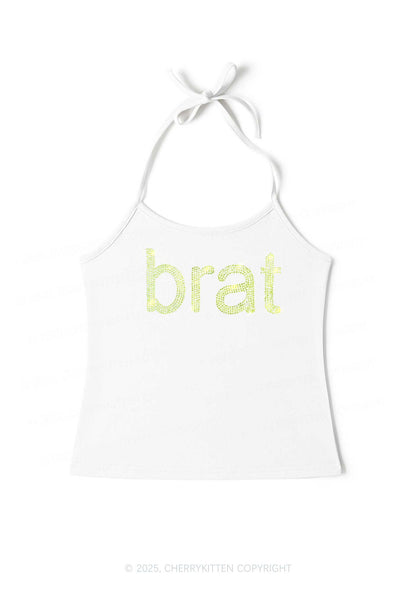 Rhinestone Green Brat Y2K Halter Neck Cami Cherrykitten