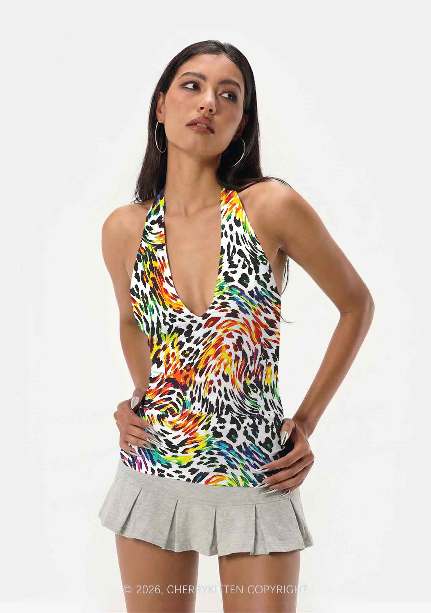 Rainbow Leopard Pride Y2K Print Halter Deep V Neck Cami Cherrykitten