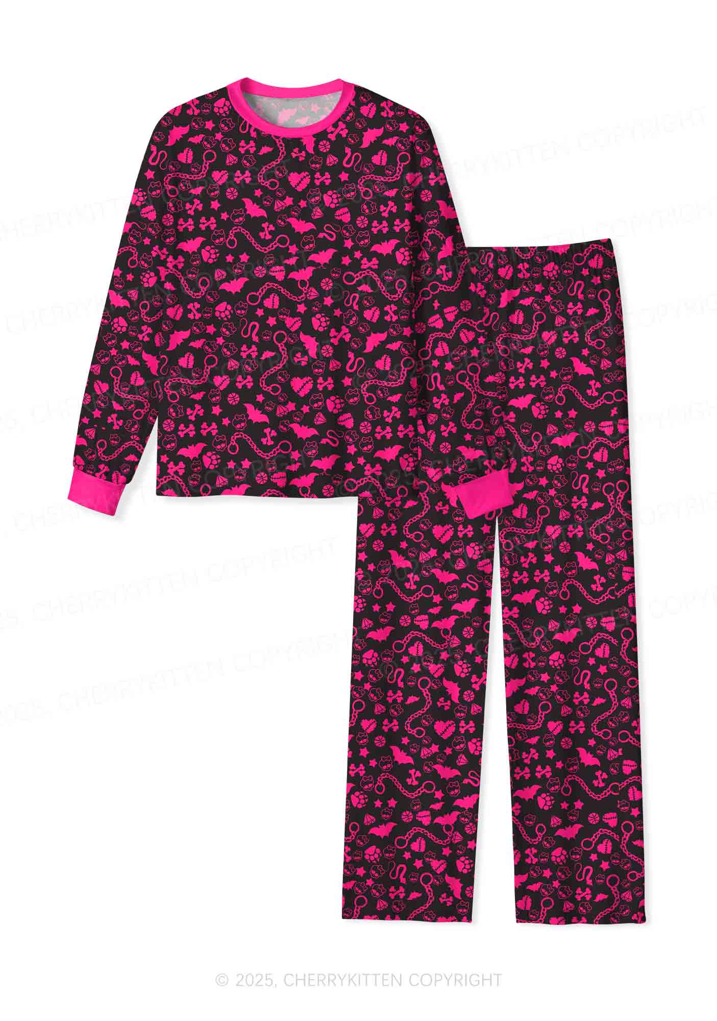 Chains And Bats Valentine's Day Y2K Print Long Sleeve Pajama Set Cherrykitten