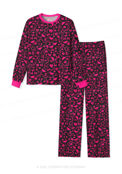 Chains And Bats Valentine's Day Y2K Print Long Sleeve Pajama Set Cherrykitten