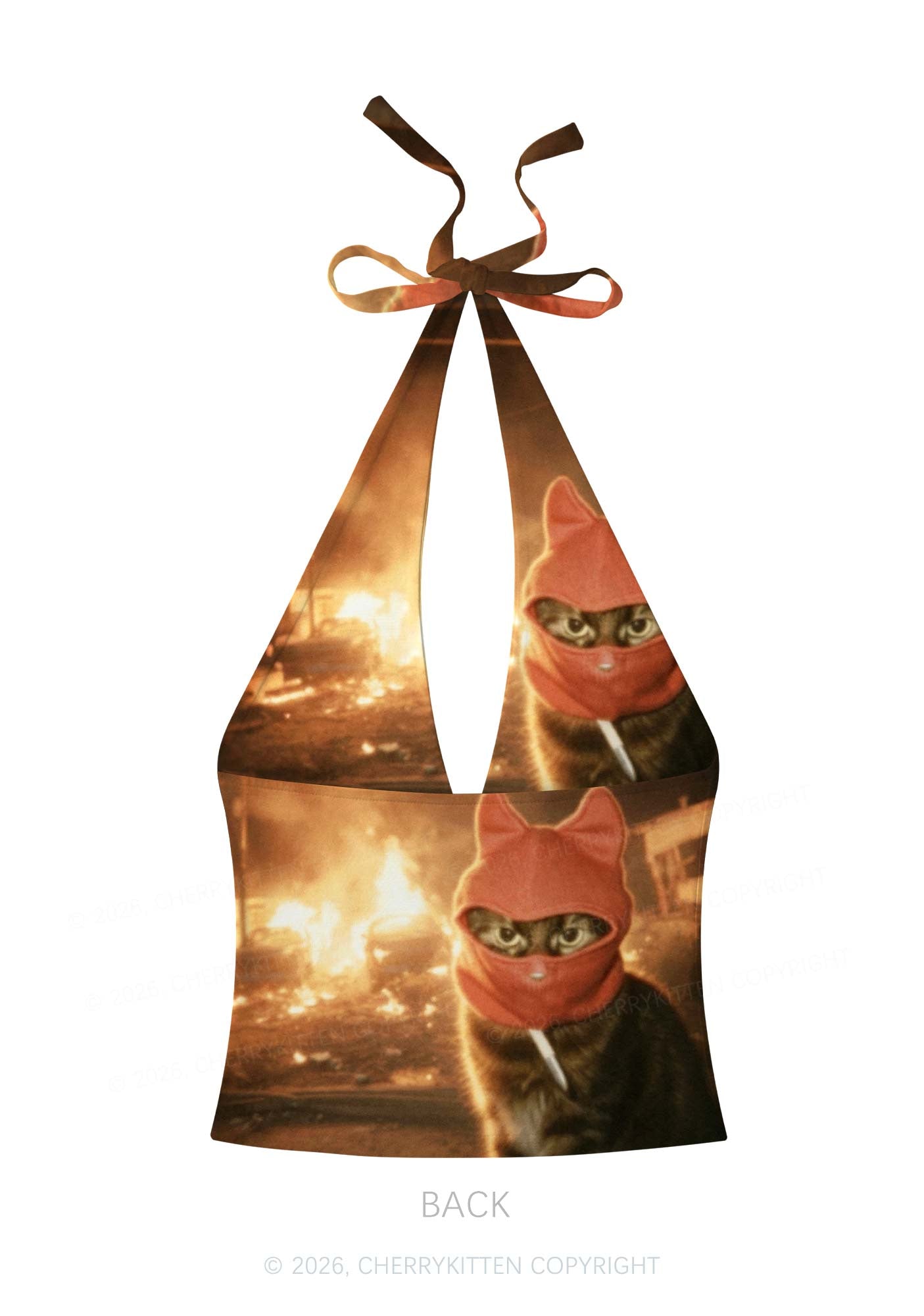 Halloween Red Ear Hood Cat Y2K Print Halter Deep V Neck Cami Cherrykitten