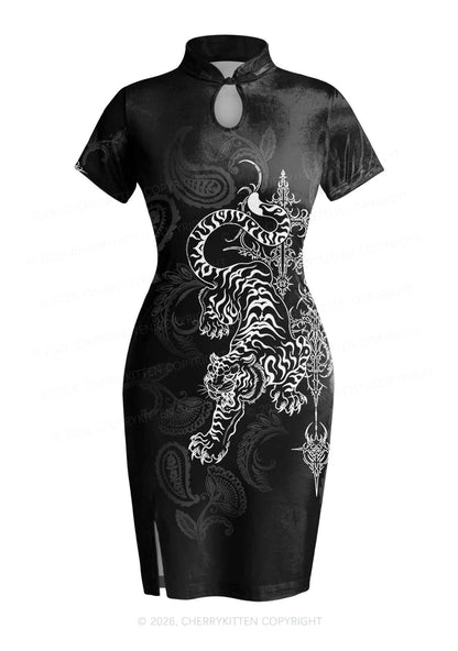 Halloween White Tiger On Black Y2K Cheongsam Mini Dress Cherrykitten
