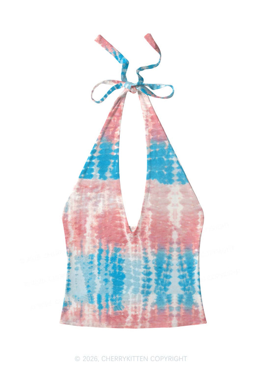Tie Dye Trans Pride Y2K Print Halter Deep V Neck Cami Cherrykitten