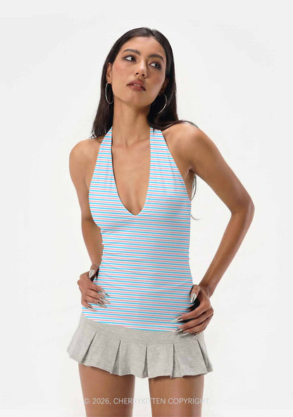 Trans Stripes Pride Y2K Print Halter Deep V Neck Cami Cherrykitten