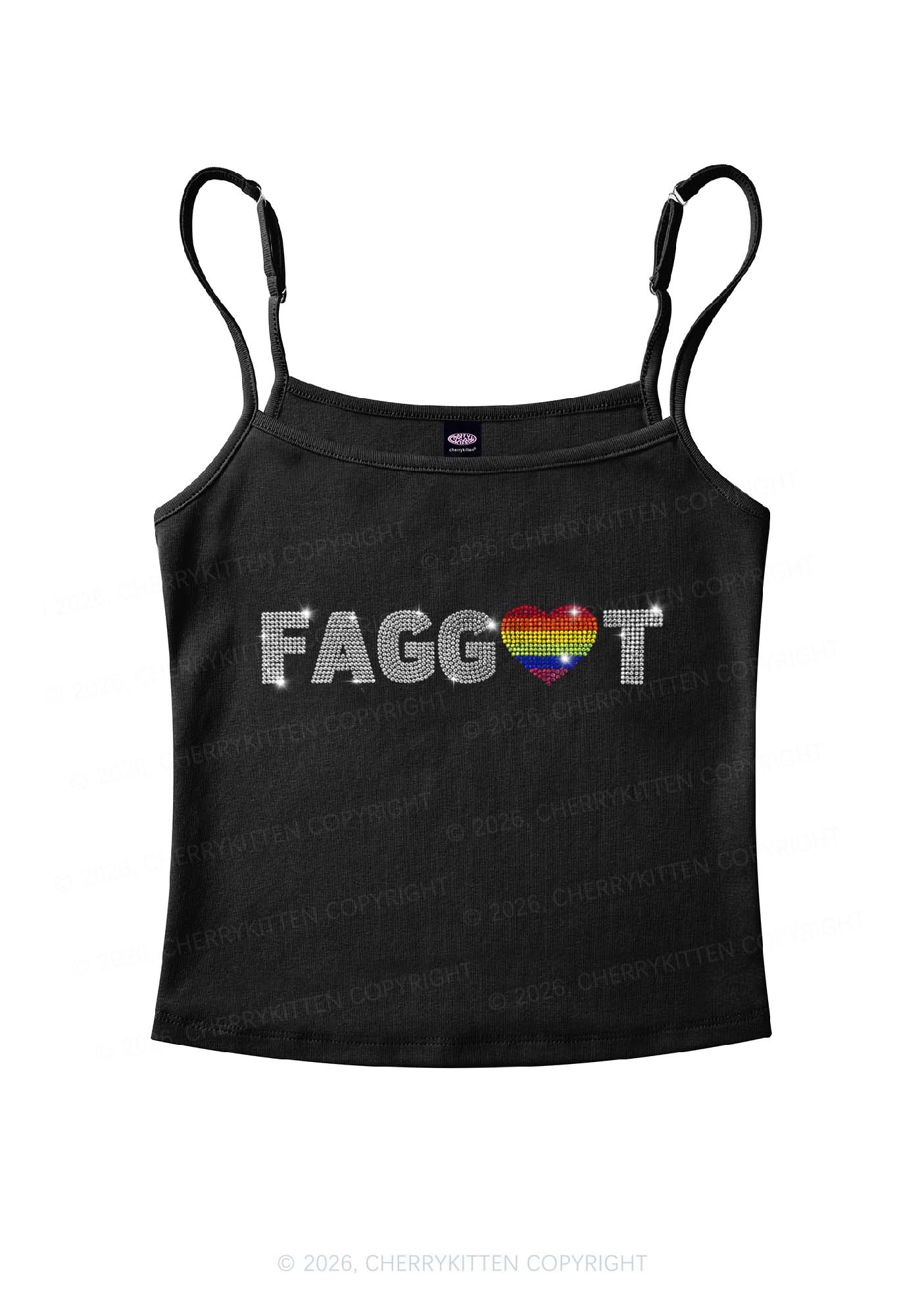 Rhinestone Rainbow Heart Faggot Pride Y2K Spaghetti Strap Cami Cherrykitten