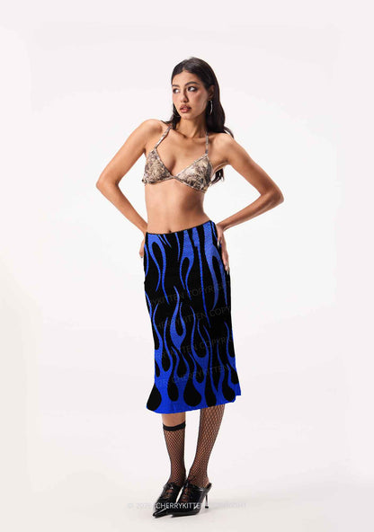 Royal Blue Flame Y2K Print Midi Skirt Cherrykitten