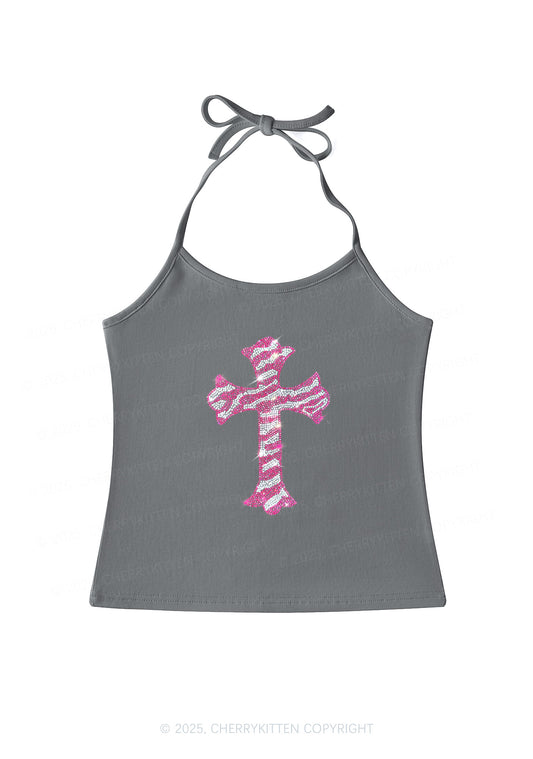 Rhinestone Pink Cross Y2K Halter Neck Cami Cherrykitten