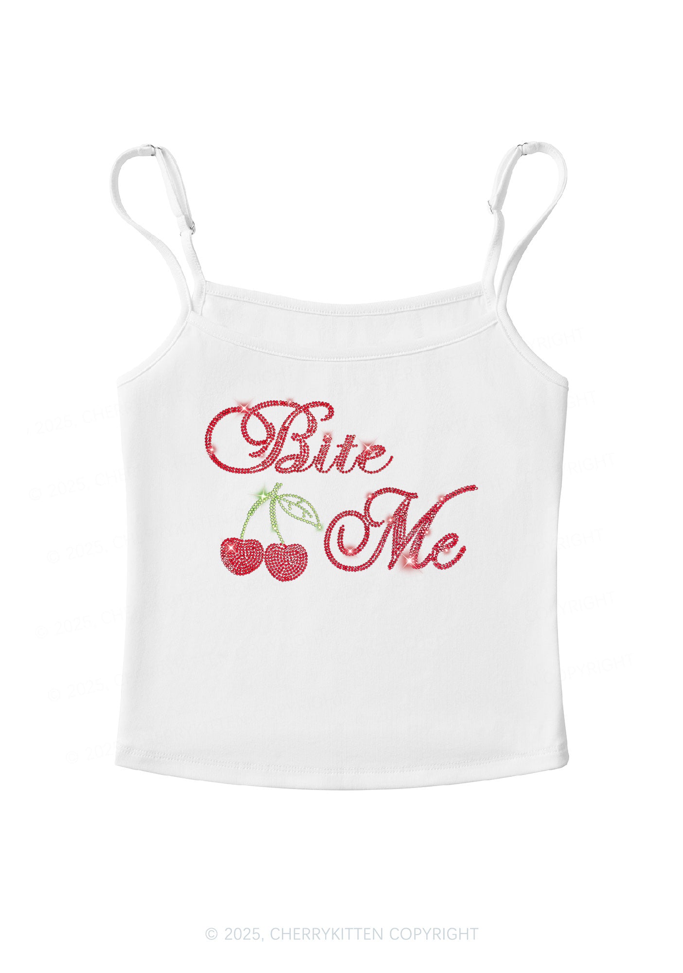 Rhinestone Red Cherry Bite Me Y2K Spaghetti Strap Cami Cherrykitten