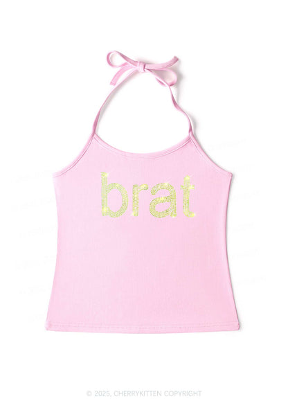 Rhinestone Green Brat Y2K Halter Neck Cami Cherrykitten