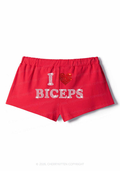 Rhinestone I Love Biceps Y2K Drawstring Mini Shorts Cherrykitten