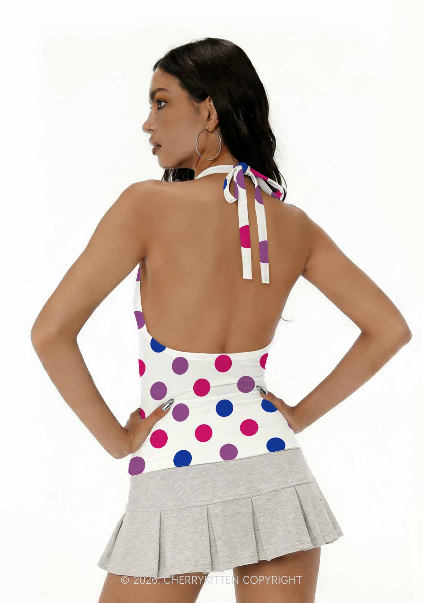 Bisexual Dots On White Pride Y2K Print Halter Deep V Neck Cami Cherrykitten