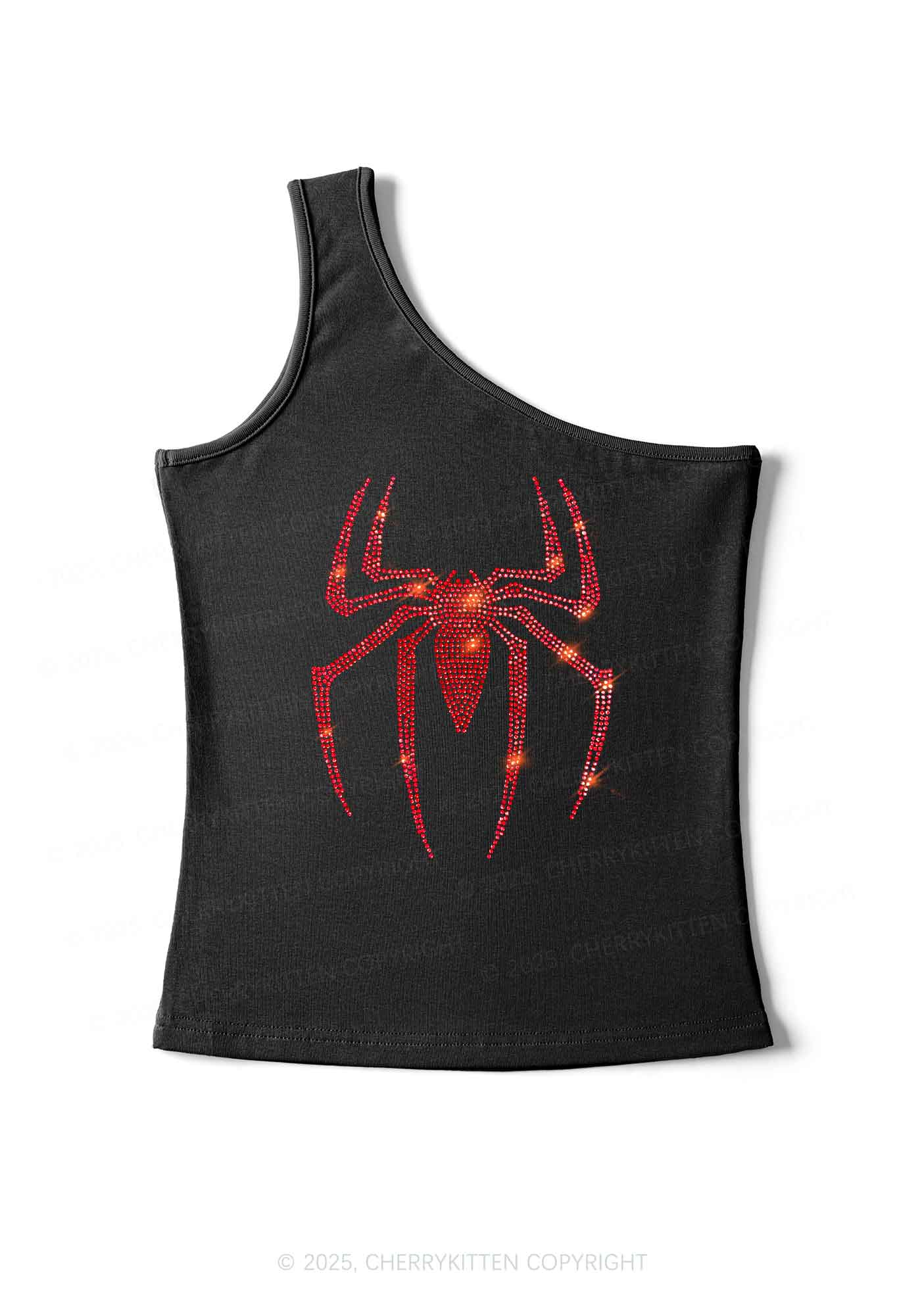 Rhinestone Red Spider Y2K One Shoulder Tank Top Cherrykitten
