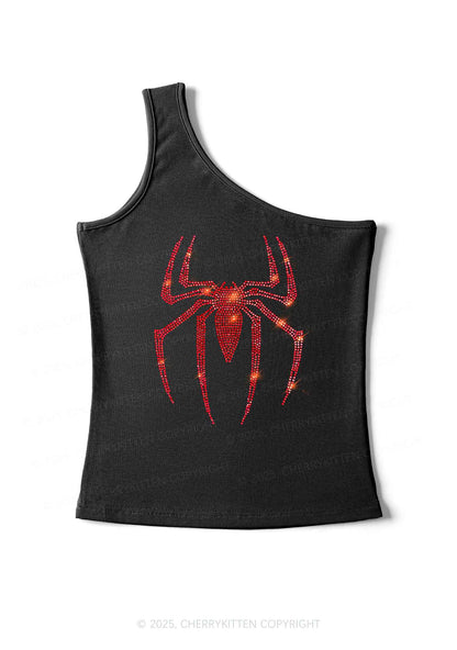 Rhinestone Red Spider Y2K One Shoulder Tank Top Cherrykitten