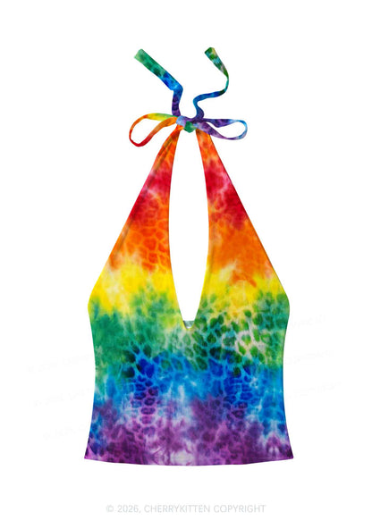Rainbow Leopard Tie Dye Pride Y2K Print Halter Deep V Neck Cami Cherrykitten