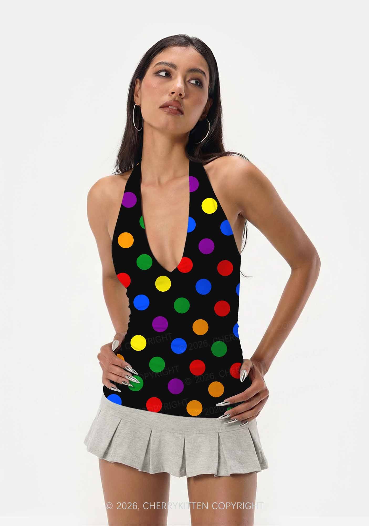 Rainbow Dots On Black Pride Y2K Print Halter Deep V Neck Cami Cherrykitten