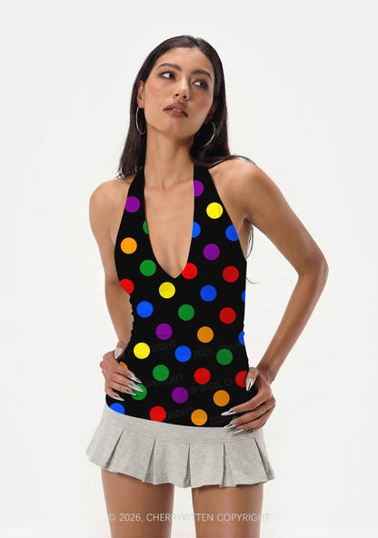 Rainbow Dots On Black Pride Y2K Print Halter Deep V Neck Cami Cherrykitten