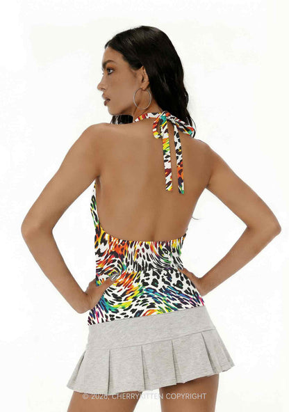 Rainbow Leopard Pride Y2K Print Halter Deep V Neck Cami Cherrykitten