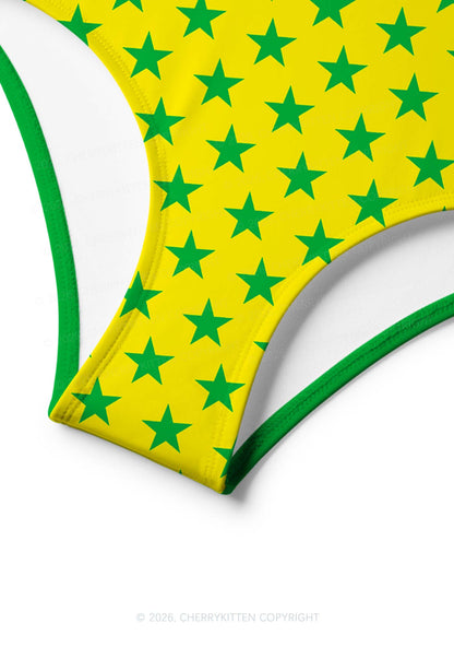 Yellow Green Stripe Star Y2K Print Bikini Set Cherrykitten
