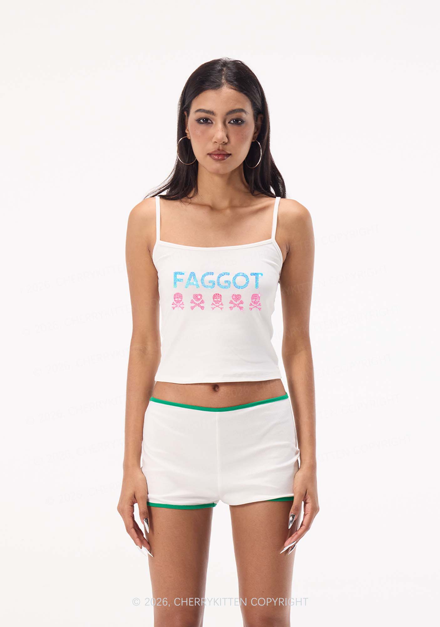 Rhinestone Faggot Skull Pride Y2K Spaghetti Strap Cami Cherrykitten