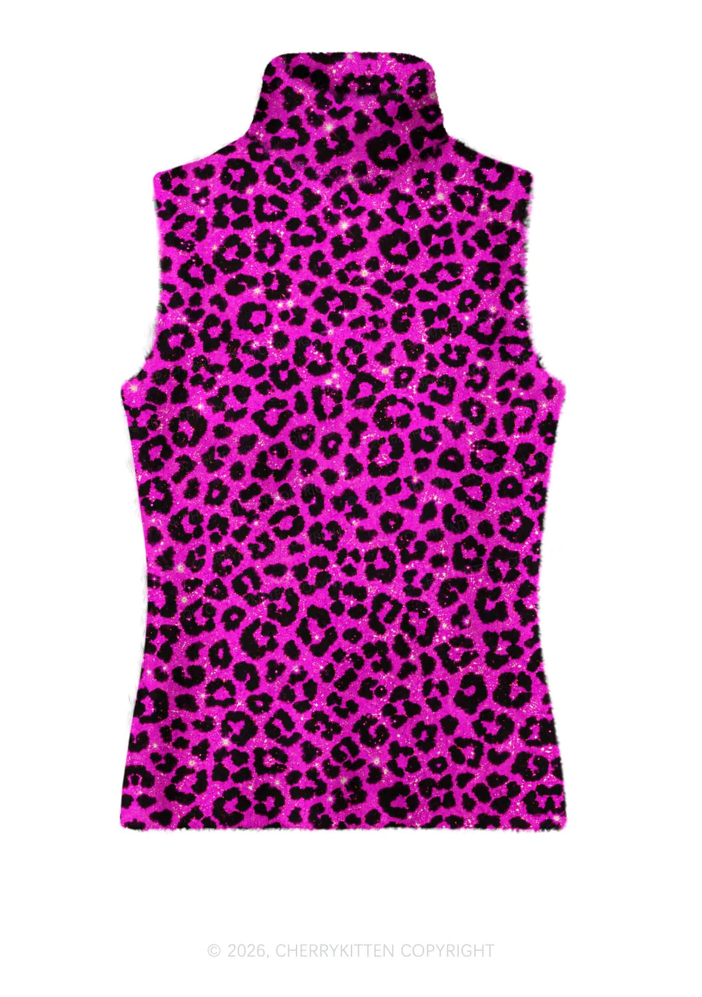 Hot Pink Leopard Y2K Knit Turtleneck Tank Top Cherrykitten
