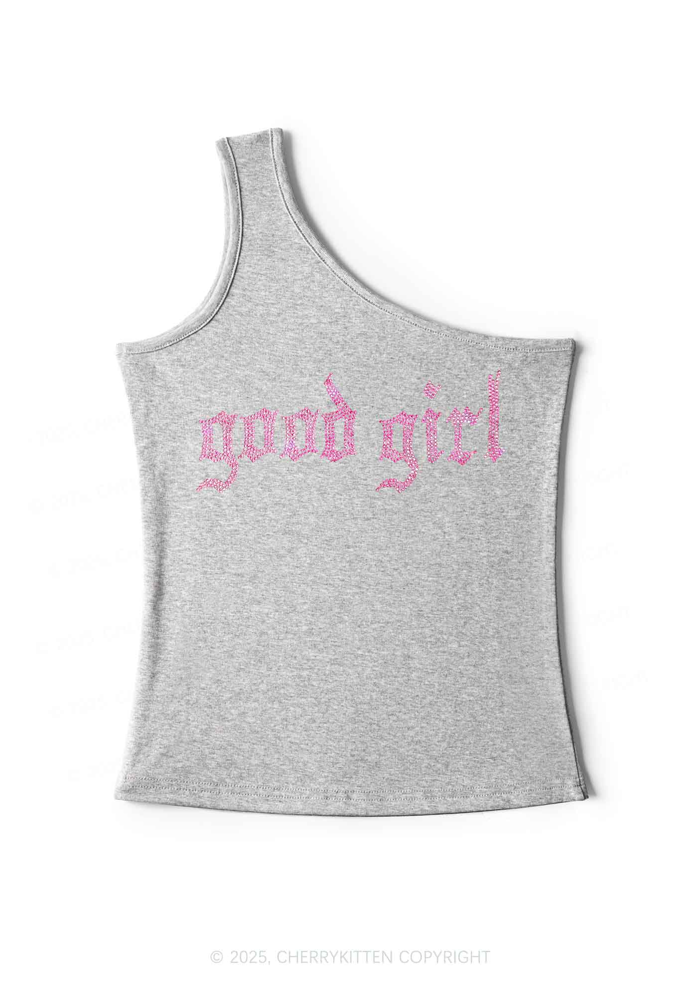 Rhinestone Good Girl Y2K One Shoulder Tank Top Cherrykitten
