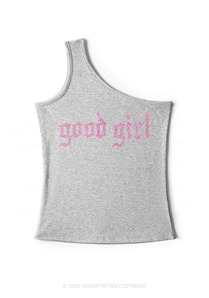Rhinestone Good Girl Y2K One Shoulder Tank Top Cherrykitten