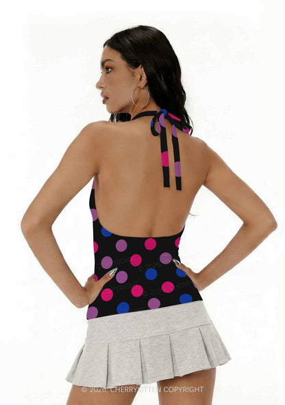 Bisexual Dots On Black Pride Y2K Print Halter Deep V Neck Cami Cherrykitten