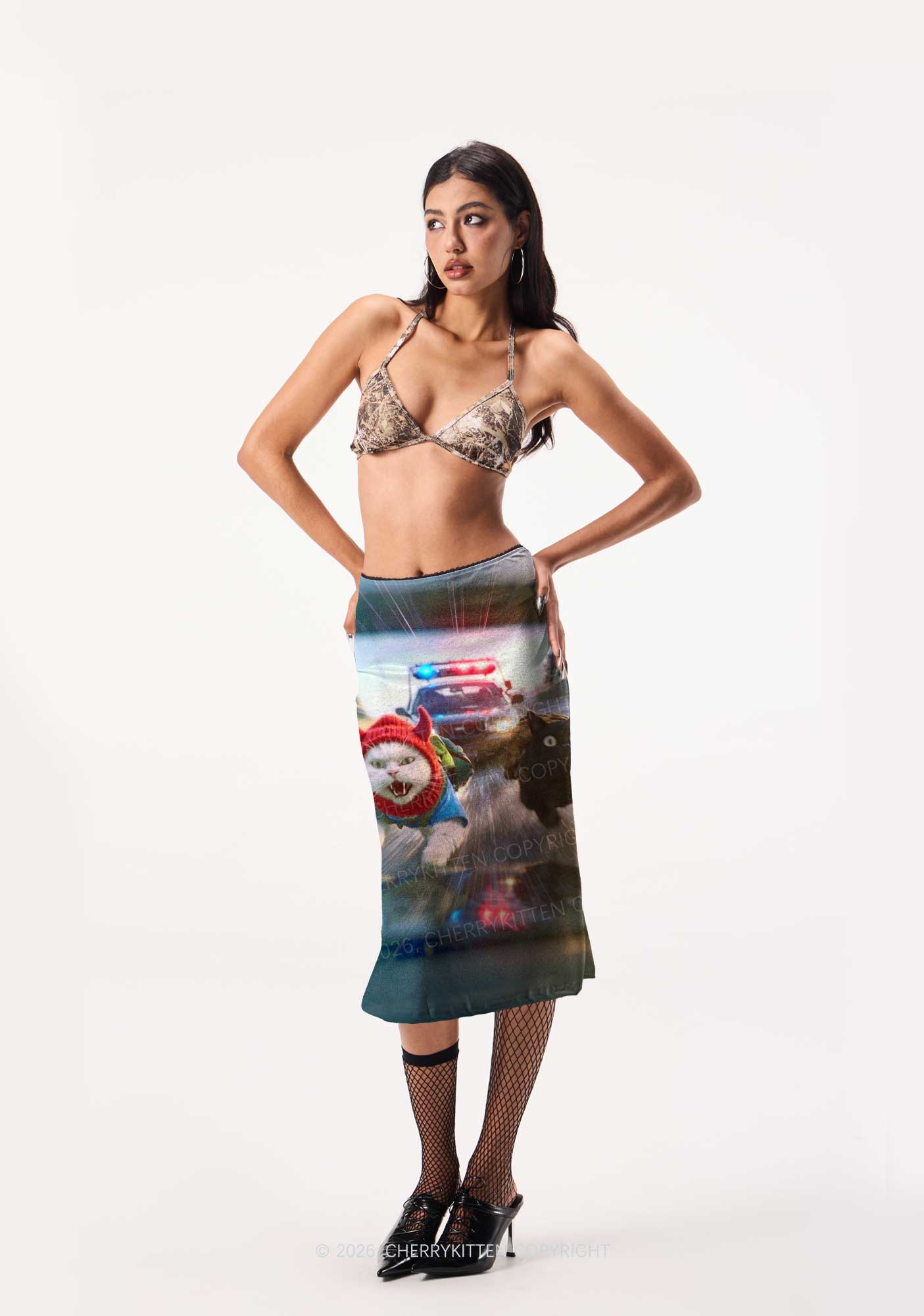 Halloween Chase Cat Y2K Print Midi Skirt Cherrykitten