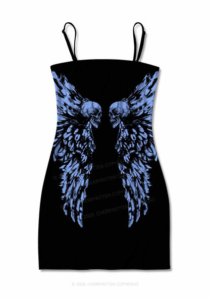Halloween Blue Skull Angel Wings Y2K Print Slip Dress Cherrykitten