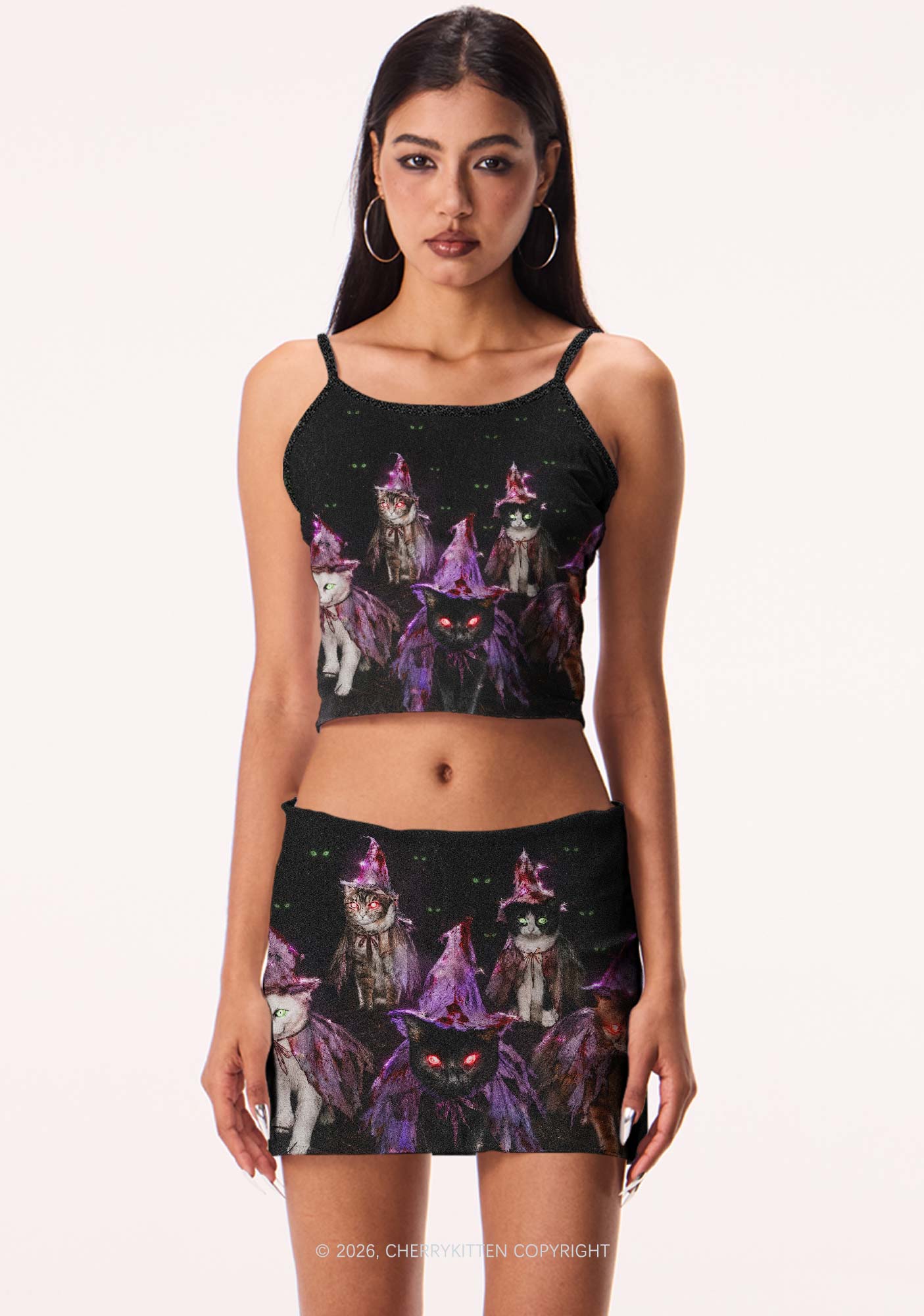 Halloween Purple Witch Hats Cat Y2K Print Mini Skirt Cherrykitten