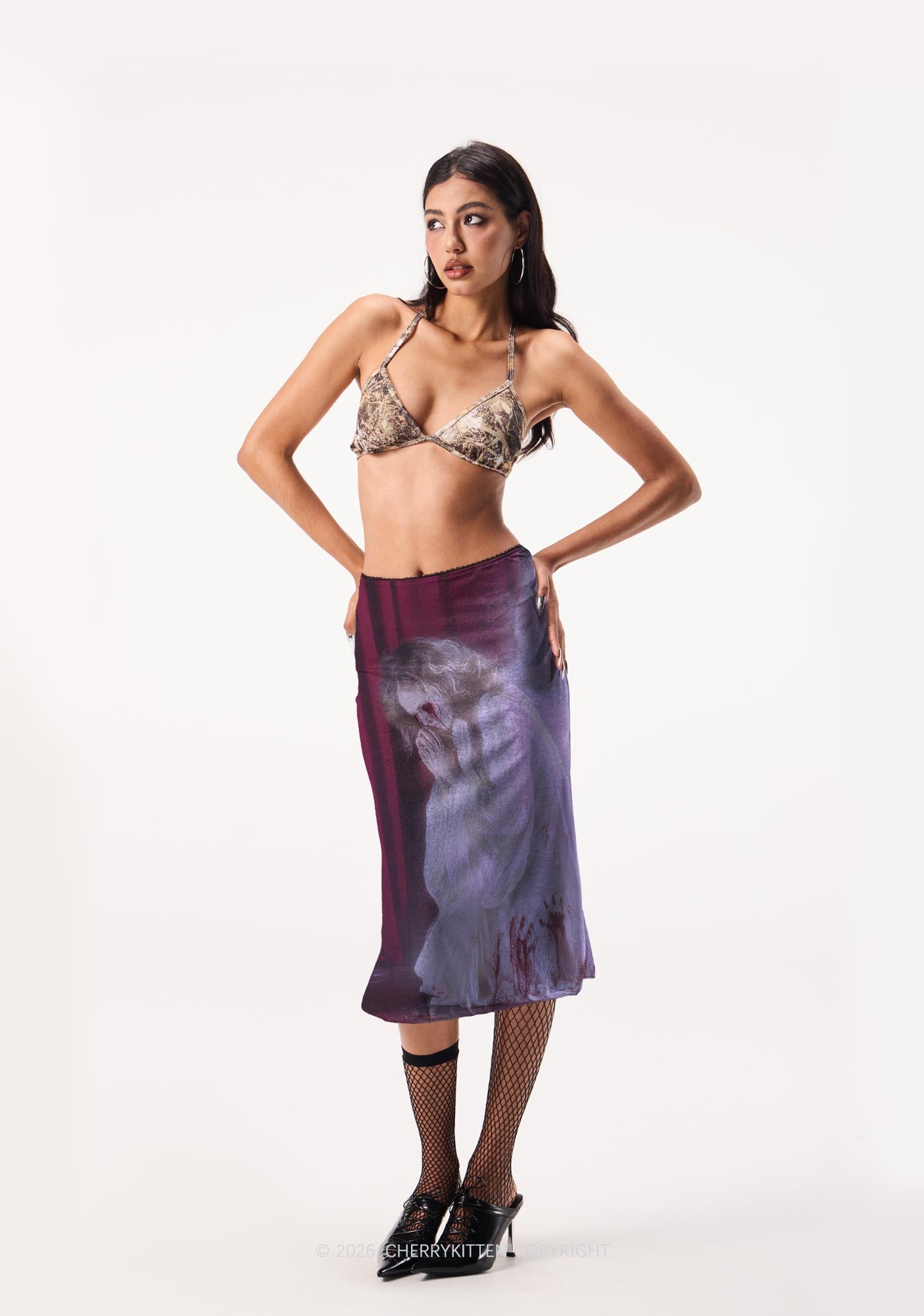 Halloween Bloody Praying Angel Y2K Print Midi Skirt Cherrykitten