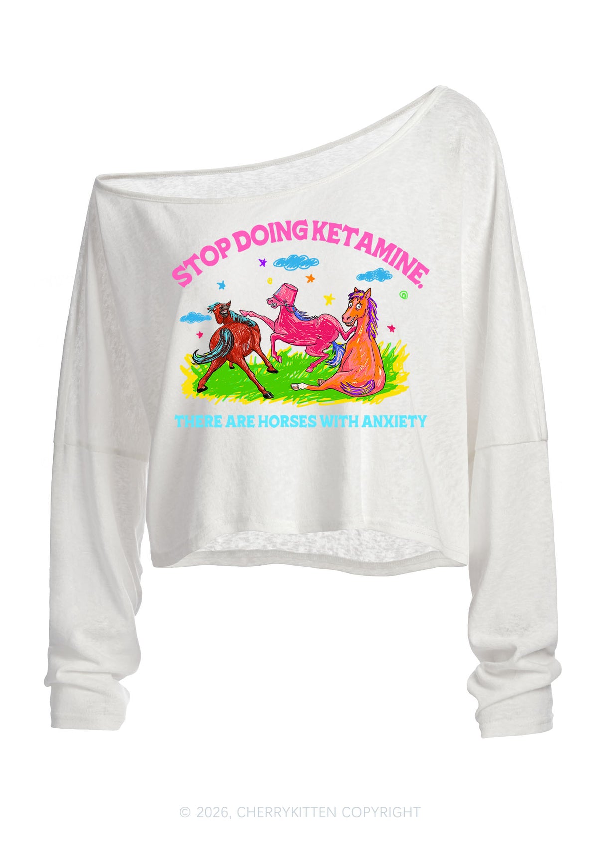 Horses With Anxiety Y2K Off Shoulder Long Sleeve Crop Top Cherrykitten