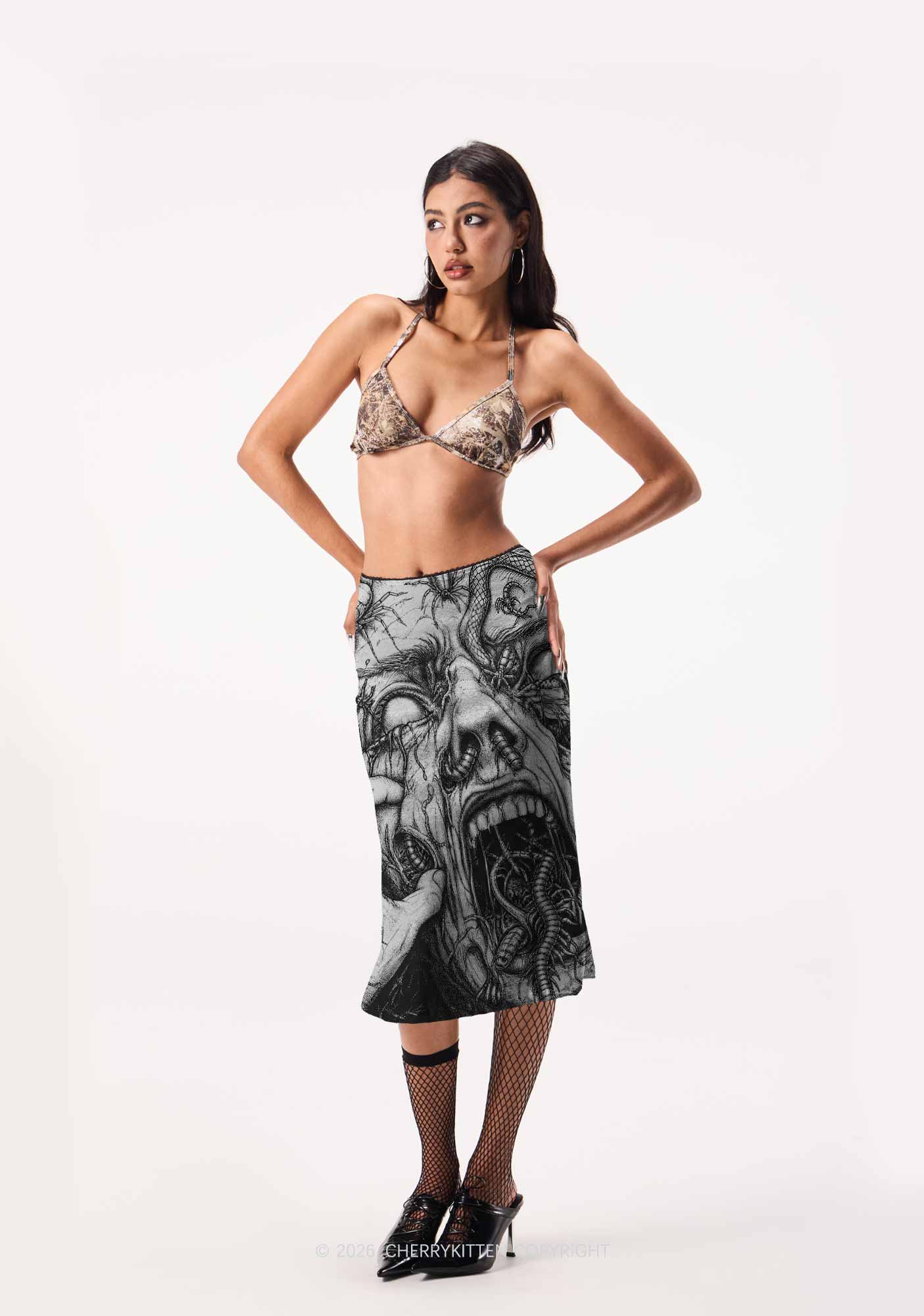 Halloween Insect On Face Y2K Print Midi Skirt Cherrykitten