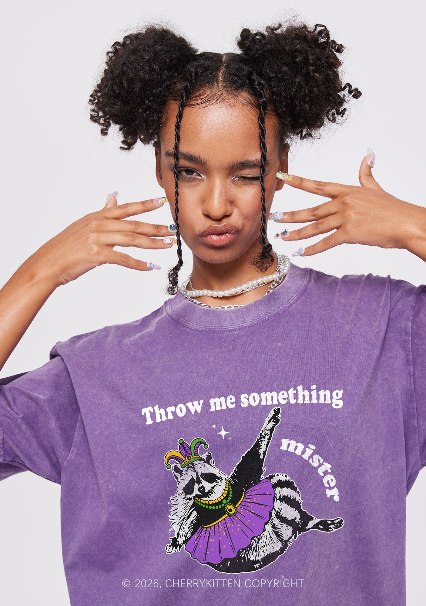 Throw Me Something Mister Raccoon Y2K Shirts Washed Tee Cherrykitten