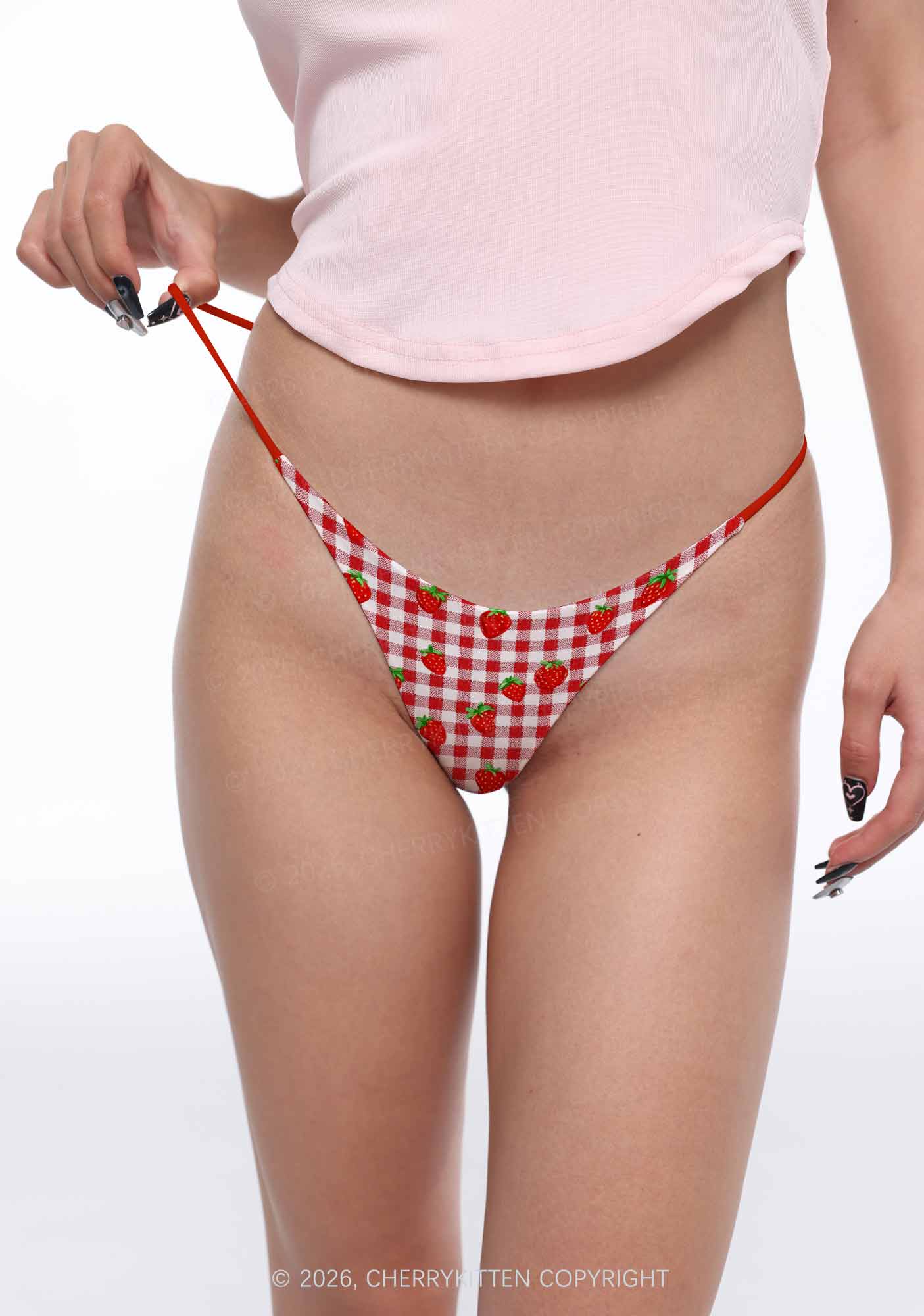 Red White Plaid Strawberry Y2K Print Bikini String Thong Cherrykitten