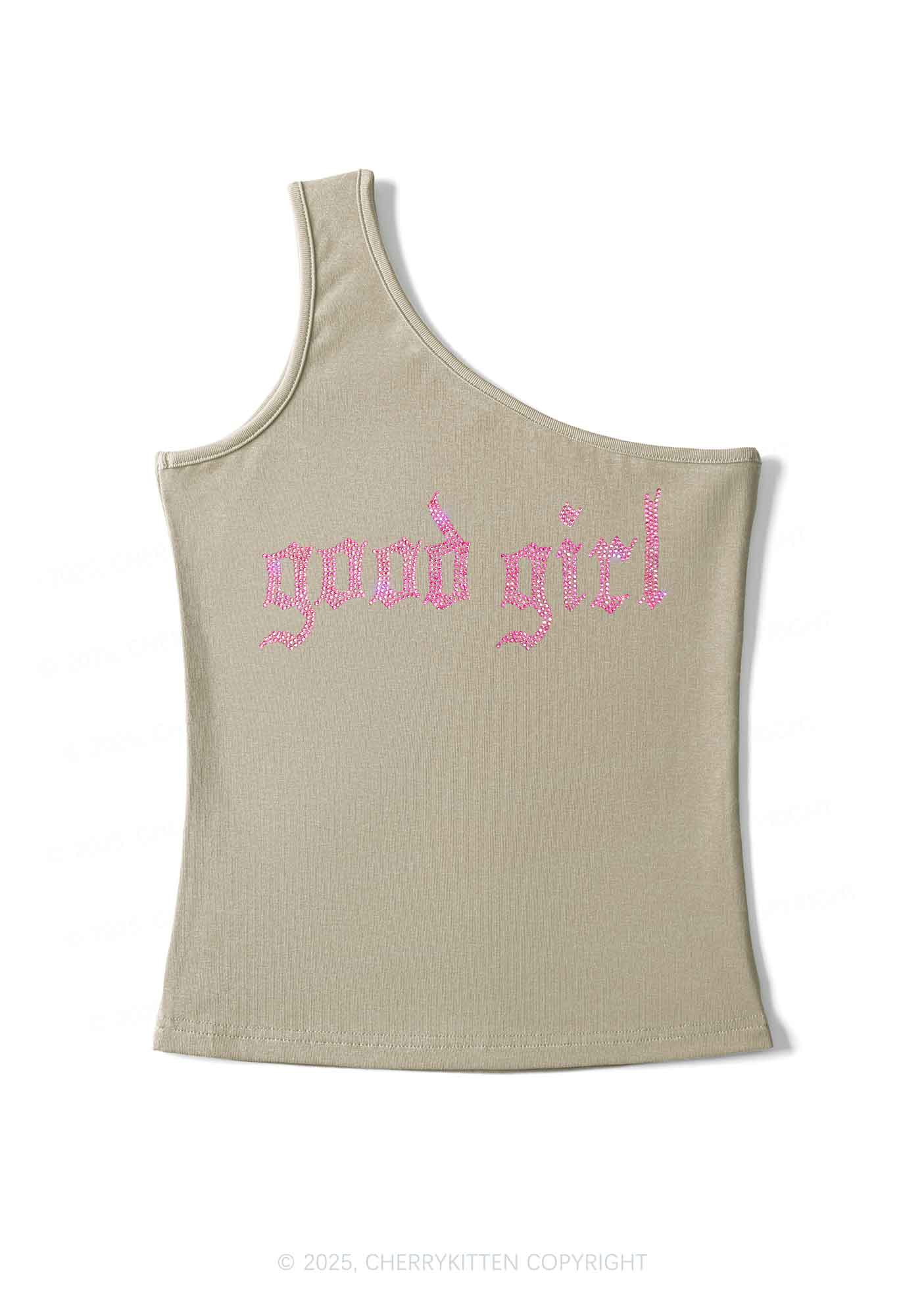 Rhinestone Good Girl Y2K One Shoulder Tank Top Cherrykitten
