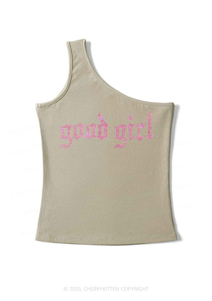Rhinestone Good Girl Y2K One Shoulder Tank Top Cherrykitten